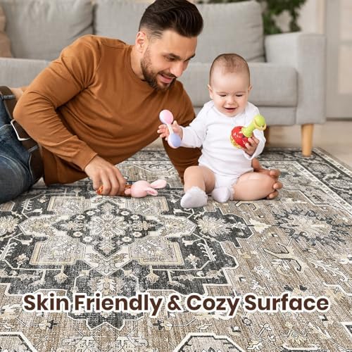 cotiled 6x9 Area Rug for Living Room, Washable, Traditional, Black Brown