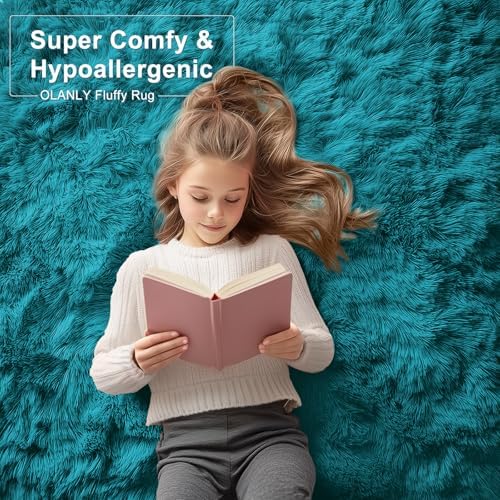 OLANLY 5x7 Machine Washable Large Area Rugs for Living Room, Bedroom, Soft Fluffy Shaggy Bedside Rug, Indoor Floor Carpet for Kids Girls and Boys, Dorms, Nursery, Home Decor Aesthetic, Teal