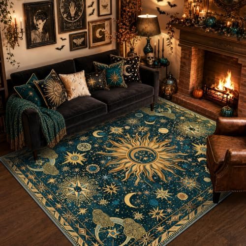 Vacuum-Friendly, 6x9 Washable Area Rug, Dark Blue Gold Gray
