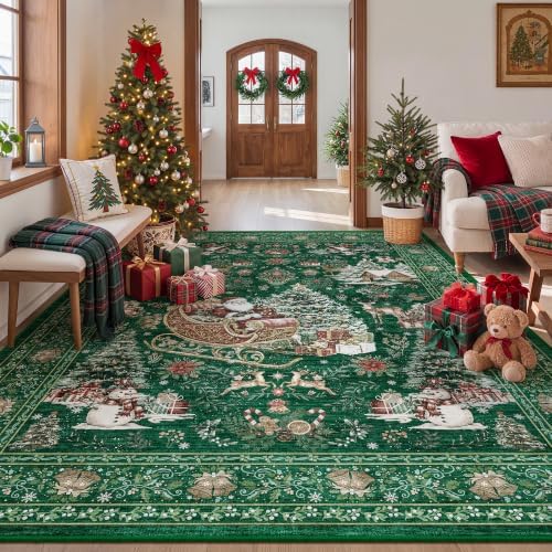 zesthome 8x10 Area Rugs, Washable Green Christmas Rugs for Living Room