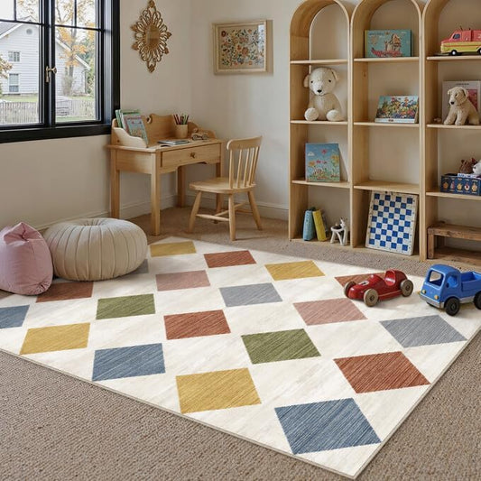 PureCozy 4x6 Washable Area Rug Kids Room Colorful Non Slip Checkered Carpet
