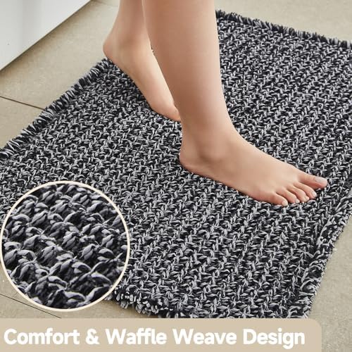 TYUU Waffle Runner Rug Bathroom, Long Boho Bath Mat, 72x24 Black & White
