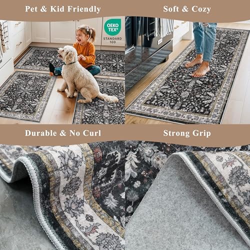 Kitchen Rug Sets 4-Piece with Runner – Washable Non-Slip Floor Mats for Sink, Entryway, Hallway, Bathroom – Soft Low-Pile Thin Boho Floral Rugs, New Home Decor (Black, 2x3+2x4+2x5+2x6)