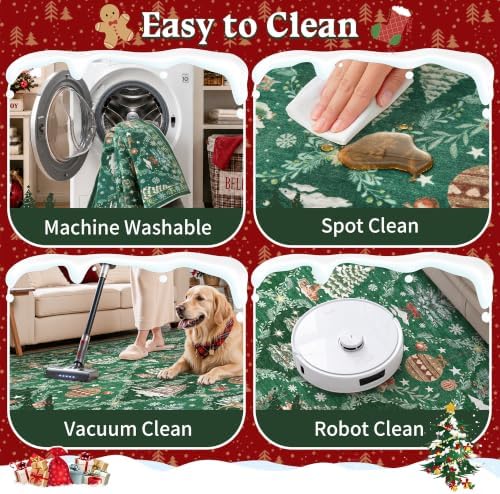 Christmas 3x8 Washable Kitchen Runner Rug, Green Non Slip Low Pile Rug