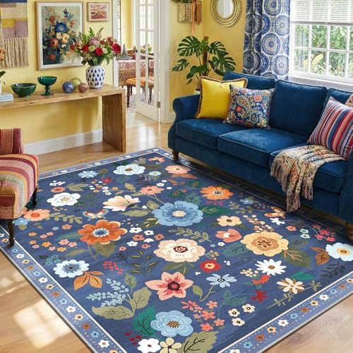 RELEANY Floral Washable 7x9 Area Rugs Blue/Grey