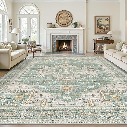 10x14 Area Rug for Living Room,Green Washable Large Rug Soft Boho Carpets