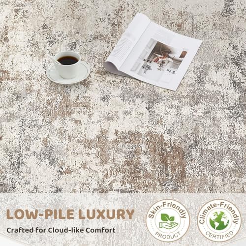 UERMEI 10ft Round Area Rug Living Room Rugs - 10x10 Washable Large Neutral Modern Abstract Soft Thin Rug Indoor Floor No Slip Rug Carpet for Bedroom Under Dining Table Home Office Decor - Brown Grey