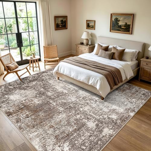 12x12 Square Living Room Rug – Modern Abstract Neutral Extra Large Washable Non-Slip Low-Pile Indoor Carpet for Bedroom, Dining Room, Playroom (Brown Beige,12x12)
