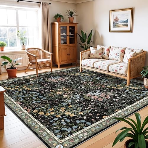 10x10 Square Area Rug Living Room: Boho Floral Washable Mat for Dining Room Bedroom Office High Traffic Area Soft Non Slip Low Pile Indoor Carpet for Vintage Farmhouse Home Decor (10ft Square, Black)