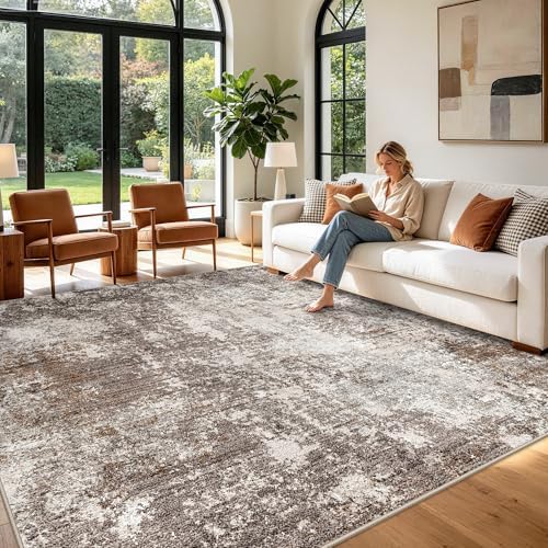 12x12 Square Living Room Rug – Modern Abstract Neutral Extra Large Washable Non-Slip Low-Pile Indoor Carpet for Bedroom, Dining Room, Playroom (Brown Beige,12x12)