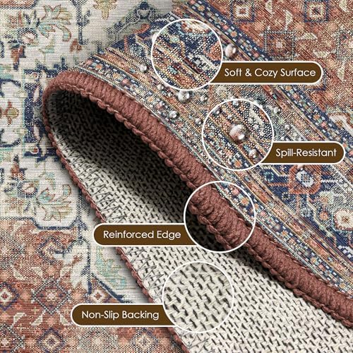 Washable Area Rug 2'6'' x 8' Vintage Traditional Persian Mat - Foldable Distressed Non-Slip Machine Washable Carpet for Living Room Bedroom Kitchen Home Decor - Terracotta and Navy