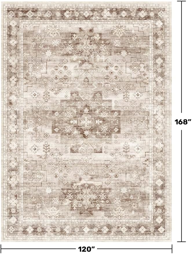 Washable Farmhouse Living Room Rug, 10x14 Area Rugs for Bedroom, Dining Room Under Table Carpet, Kids Room, Extra Large Boho Vintage Non-Slip Rugs Low Pile Stain Resistant (10x14 Beige/Latte)