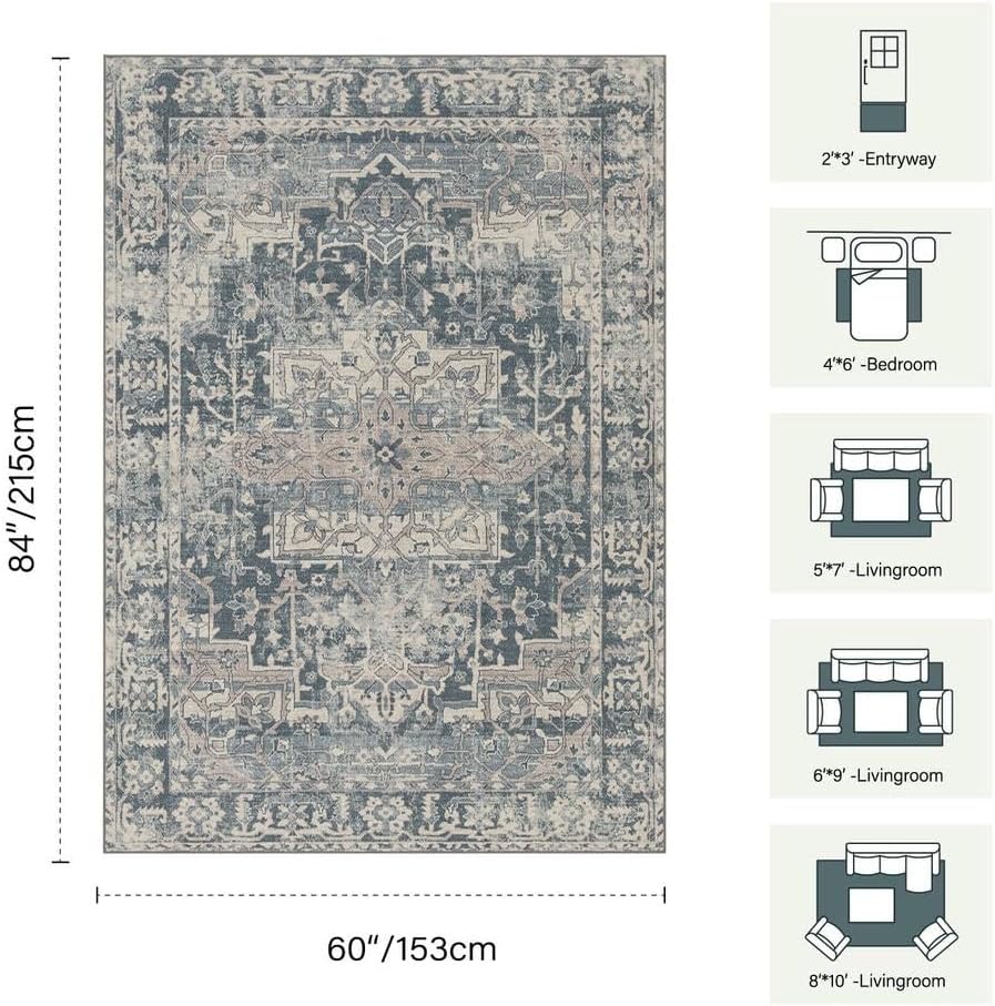 Rugxara Blue Area Rugs 5x7 Washable Rug for Living Room Bedroom