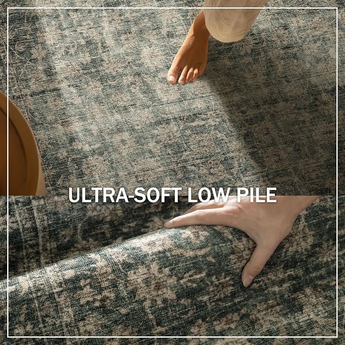 10x12 Area Rugs for Living room: Large Washable Rugs Stain Resistant Non Slip Distressed Vintage Floral Rug Low Pile Faux Wool Soft Green Rugs for Bedroom Farmhouse Dining Room Kids Playroom Nursery